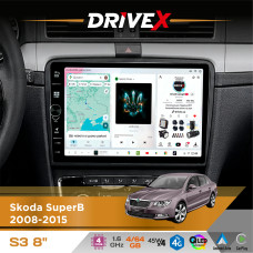 Штатна магнітола для Skoda SuperB 2008-2015 DriveX S3 QLED 8" з фізичними кнопками Android 8-ядерний 1.6ГГц 4x64Гб SIM-картка 3G/4G 7388 45W ASP TM2313 бездротовий CarPlay та AndroidAuto