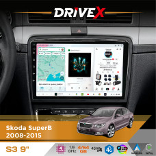 Штатна магнітола для Skoda SuperB 2008-2015 DriveX S3 QLED 9" Android 8-ядерний 1.6ГГц 4x64Гб SIM-картка 3G/4G 7388 4x45W ASP TM2313 бездротовий CarPlay та AndroidAuto