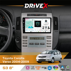 Штатна магнітола для Toyota Corolla Verso 2004-2009 DriveX S3 QLED 8" з фізичними кнопками Android 8-ядерний 1.6ГГц 4x64Гб SIM-картка 3G/4G 7388 45W ASP TM2313 бездротовий CarPlay та AndroidAuto