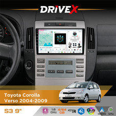 Штатна магнітола для Toyota Corolla Verso 2004-2009 DriveX S3 QLED 9" Android 8-ядерний 1.6ГГц 4x64Гб SIM-картка 3G/4G 7388 4x45W ASP TM2313 бездротовий CarPlay та AndroidAuto