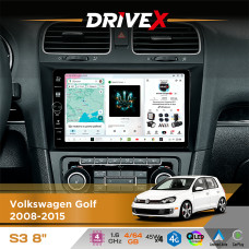 Штатна магнітола для Volkswagen Golf 2008-2015 DriveX S3 QLED 8" з фізичними кнопками Android 8-ядерний 1.6ГГц 4x64Гб SIM-картка 3G/4G 7388 45W ASP TM2313 бездротовий CarPlay та AndroidAuto