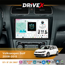 Штатна магнітола для Volkswagen Golf 2008-2015 DriveX S7+ 2K QLED 9" Android 8-ядерний 2.7ГГц 8x128Гб SIM-картка 3G/4G AK7808 AB 4x50W 360° DSP AK7739 VELVET бездротовий CarPlay та AndroidAuto