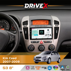 Штатна магнітола для KIA Ceed 2007-2009 DriveX S3 QLED 8" з фізичними кнопками Android 8-ядерний 1.6ГГц 4x64Гб SIM-картка 3G/4G 7388 45W ASP TM2313 бездротовий CarPlay та AndroidAuto