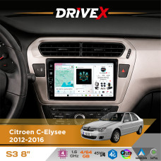 Штатна магнітола для Peugeot 301 2012-2016 DriveX S3 QLED 8" з фізичними кнопками Android 8-ядерний 1.6ГГц 4x64Гб SIM-картка 3G/4G 7388 45W ASP TM2313 бездротовий CarPlay та AndroidAuto