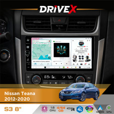 Штатна магнітола для Nissan Altima 2012-2018 DriveX S3 QLED 8" з фізичними кнопками Android 8-ядерний 1.6ГГц 4x64Гб SIM-картка 3G/4G 7388 45W ASP TM2313 бездротовий CarPlay та AndroidAuto