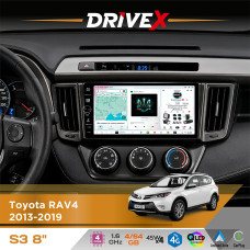Штатна магнітола для Toyota RAV4 2013-2019 DriveX S3 QLED 8" з фізичними кнопками Android 8-ядерний 1.6ГГц 4x64Гб SIM-картка 3G/4G 7388 45W ASP TM2313 бездротовий CarPlay та AndroidAuto
