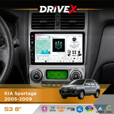 Штатна магнітола для KIA Sportage 2005-2009 DriveX S3 QLED 8" з фізичними кнопками Android 8-ядерний 1.6ГГц 4x64Гб SIM-картка 3G/4G 7388 45W ASP TM2313 бездротовий CarPlay та AndroidAuto