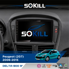 Штатна магнітола для Peugeot 207 2006-2015 SoKill DELTA-900 9" Android 4-ядерний 2+64Гб 4x45W бездротовий CarPlay та AndroidAuto