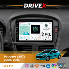 Штатна магнітола для Peugeot 207 2006-2015 DriveX S3 QLED 8" з фізичними кнопками Android 8-ядерний 1.6ГГц 4x64Гб SIM-картка 3G/4G 7388 45W ASP TM2313 бездротовий CarPlay та AndroidAuto