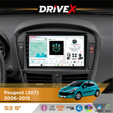 Штатна магнітола для Peugeot 207 2006-2015 DriveX S3 QLED 9" Android 8-ядерний 1.6ГГц 4x64Гб SIM-картка 3G/4G 7388 4x45W ASP TM2313 бездротовий CarPlay та AndroidAuto