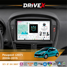 Штатна магнітола для Peugeot 207 2006-2015 DriveX S7+ 2K QLED 9" Android 8-ядерний 2.7ГГц 8x128Гб SIM-картка 3G/4G AK7808 AB 4x50W 360° DSP AK7739 VELVET бездротовий CarPlay та AndroidAuto