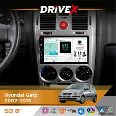 Штатна магнітола для Hyundai Getz 2002-2010 DriveX S3 QLED 8" з фізичними кнопками Android 8-ядерний 1.6ГГц 4x64Гб SIM-картка 3G/4G 7388 45W ASP TM2313 бездротовий CarPlay та AndroidAuto