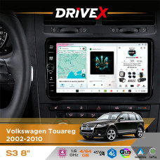Штатна магнітола для Volkswagen Touareg 2002-2010 DriveX S3 QLED 8" з фізичними кнопками Android 8-ядерний 1.6ГГц 4x64Гб SIM-картка 3G/4G 7388 45W ASP TM2313 бездротовий CarPlay та AndroidAuto