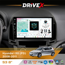 Штатна магнітола для Hyundai i30 (FD) 2008-2011 DriveX S3 QLED 8" з фізичними кнопками Android 8-ядерний 1.6ГГц 4x64Гб SIM-картка 3G/4G 7388 45W ASP TM2313 бездротовий CarPlay та AndroidAuto