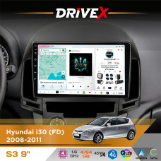 Штатна магнітола для Hyundai i30 (FD) 2008-2011 DriveX S3 QLED 9" Android 8-ядерний 1.6ГГц 4x64Гб SIM-картка 3G/4G 7388 4x45W ASP TM2313 бездротовий CarPlay та AndroidAuto