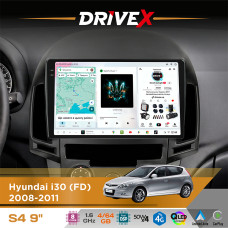 Штатна магнітола для Hyundai i30 (FD) 2008-2011 DriveX S4 QLED 9" Android 8-ядерний 1.6ГГц 4x64Гб SIM-картка 3G/4G TDA7851 4x50W DSP AK7604 бездротовий CarPlay та AndroidAuto