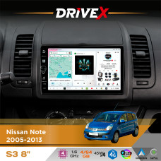 Штатна магнітола для Nissan Note 2005-2013 DriveX S3 QLED 8" з фізичними кнопками Android 8-ядерний 1.6ГГц 4x64Гб SIM-картка 3G/4G 7388 45W ASP TM2313 бездротовий CarPlay та AndroidAuto