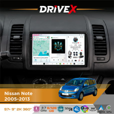 Штатна магнітола для Nissan Note 2005-2013 DriveX S7+ 2K QLED 9" Android 8-ядерний 2.7ГГц 8x128Гб SIM-картка 3G/4G AK7808 AB 4x50W 360° DSP AK7739 VELVET бездротовий CarPlay та AndroidAuto