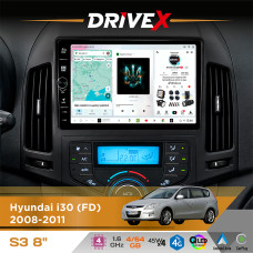 Штатна магнітола для Hyundai i30 (FD) 2008-2011 DriveX S3 QLED 8" з фізичними кнопками Android 8-ядерний 1.6ГГц 4x64Гб SIM-картка 3G/4G 7388 45W ASP TM2313 бездротовий CarPlay та AndroidAuto