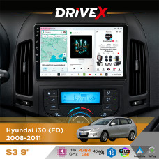 Штатна магнітола для Hyundai i30 (FD) 2008-2011 DriveX S3 QLED 9" Android 8-ядерний 1.6ГГц 4x64Гб SIM-картка 3G/4G 7388 4x45W ASP TM2313 бездротовий CarPlay та AndroidAuto