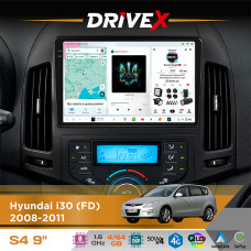 Штатна магнітола для Hyundai i30 (FD) 2008-2011 DriveX S4 QLED 9" Android 8-ядерний 1.6ГГц 4x64Гб SIM-картка 3G/4G TDA7851 4x50W DSP AK7604 бездротовий CarPlay та AndroidAuto
