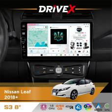 Штатна магнітола для Nissan Leaf 2018+ DriveX S3 QLED 8" з фізичними кнопками Android 8-ядерний 1.6ГГц 4x64Гб SIM-картка 3G/4G 7388 45W ASP TM2313 бездротовий CarPlay та AndroidAuto