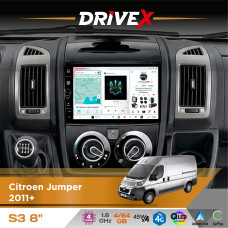 Штатна магнітола для Citroen Jumper 2011+ DriveX S3 QLED 8" з фізичними кнопками Android 8-ядерний 1.6ГГц 4x64Гб SIM-картка 3G/4G 7388 45W ASP TM2313 бездротовий CarPlay та AndroidAuto