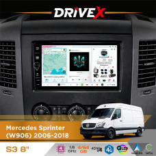 Штатна магнітола для Mercedes Sprinter (W906) 2006-2018 DriveX S3 QLED 8" з фізичними кнопками Android 8-ядерний 1.6ГГц 4x64Гб SIM-картка 3G/4G 7388 45W ASP TM2313 бездротовий CarPlay та AndroidAuto