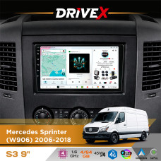Штатна магнітола для Mercedes Sprinter (W906) 2006-2018 DriveX S3 QLED 9" Android 8-ядерний 1.6ГГц 4x64Гб SIM-картка 3G/4G 7388 4x45W ASP TM2313 бездротовий CarPlay та AndroidAuto