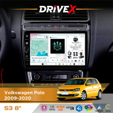 Штатна магнітола для Volkswagen Polo 2009-2020 DriveX S3 QLED 8" з фізичними кнопками Android 8-ядерний 1.6ГГц 4x64Гб SIM-картка 3G/4G 7388 45W ASP TM2313 бездротовий CarPlay та AndroidAuto
