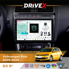 Штатна магнітола для Volkswagen Polo 2009-2020 DriveX S3 QLED 9" Android 8-ядерний 1.6ГГц 4x64Гб SIM-картка 3G/4G 7388 4x45W ASP TM2313 бездротовий CarPlay та AndroidAuto