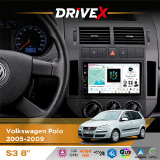 Штатна магнітола для Volkswagen Polo 2005-2009 DriveX S3 QLED 8" з фізичними кнопками Android 8-ядерний 1.6ГГц 4x64Гб SIM-картка 3G/4G 7388 45W ASP TM2313 бездротовий CarPlay та AndroidAuto