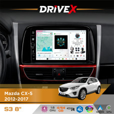 Штатна магнітола для Mazda CX-5 2012-2017 DriveX S3 QLED 8" з фізичними кнопками Android 8-ядерний 1.6ГГц 4x64Гб SIM-картка 3G/4G 7388 45W ASP TM2313 бездротовий CarPlay та AndroidAuto