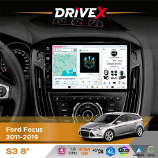 Штатна магнітола для Ford Focus 2011-2019 DriveX S3 QLED 8" з фізичними кнопками Android 8-ядерний 1.6ГГц 4x64Гб SIM-картка 3G/4G 7388 45W ASP TM2313 бездротовий CarPlay та AndroidAuto