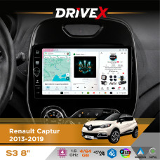 Штатна магнітола для Renault Captur 2013-2019 DriveX S3 QLED 8" з фізичними кнопками Android 8-ядерний 1.6ГГц 4x64Гб SIM-картка 3G/4G 7388 45W ASP TM2313 бездротовий CarPlay та AndroidAuto