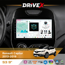 Штатна магнітола для Renault Captur 2013-2019 DriveX S3 QLED 9" Android 8-ядерний 1.6ГГц 4x64Гб SIM-картка 3G/4G 7388 4x45W ASP TM2313 бездротовий CarPlay та AndroidAuto