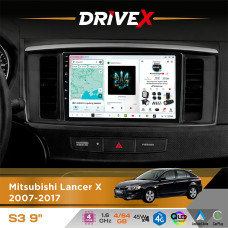 Штатна магнітола для Mitsubishi Lancer X 2007-2017 DriveX S3 QLED 9" Android 8-ядерний 1.6ГГц 4x64Гб SIM-картка 3G/4G 7388 4x45W ASP TM2313 бездротовий CarPlay та AndroidAuto
