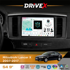 Штатна магнітола для Mitsubishi Lancer X 2007-2017 DriveX S4 QLED 9" Android 8-ядерний 1.6ГГц 4x64Гб SIM-картка 3G/4G TDA7851 4x50W DSP AK7604 бездротовий CarPlay та AndroidAuto