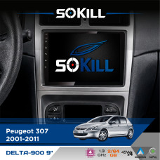 Штатна магнітола для Peugeot 307 2001-2011 SoKill DELTA-900 9" Android 4-ядерний 2+64Гб 4x45W бездротовий CarPlay та AndroidAuto
