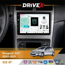 Штатна магнітола для Peugeot 307 2001-2011 DriveX S3 QLED 8" з фізичними кнопками Android 8-ядерний 1.6ГГц 4x64Гб SIM-картка 3G/4G 7388 45W ASP TM2313 бездротовий CarPlay та AndroidAuto