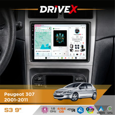 Штатна магнітола для Peugeot 307 2001-2011 DriveX S3 QLED 9" Android 8-ядерний 1.6ГГц 4x64Гб SIM-картка 3G/4G 7388 4x45W ASP TM2313 бездротовий CarPlay та AndroidAuto
