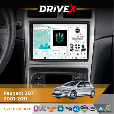 Штатна магнітола для Peugeot 307 2001-2011 DriveX S7+ 2K QLED 9" Android 8-ядерний 2.7ГГц 8x128Гб SIM-картка 3G/4G AK7808 AB 4x50W 360° DSP AK7739 VELVET бездротовий CarPlay та AndroidAuto
