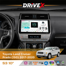 Штатна магнітола для Toyota Land Cruiser Prado (150) 2017-2020 DriveX S3 QLED 10" Android 8-ядерний 1.6ГГц 4x64Гб SIM-картка 3G/4G 7388 4x45W ASP TM2313 бездротовий CarPlay та AndroidAuto