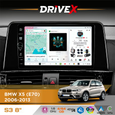 Штатна магнітола для BMW X5 (E70) 2006-2013 DriveX S3 QLED 8" з фізичними кнопками Android 8-ядерний 1.6ГГц 4x64Гб SIM-картка 3G/4G 7388 45W ASP TM2313 бездротовий CarPlay та AndroidAuto
