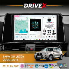 Штатна магнітола для BMW X5 M (E70) 2006-2013 DriveX S7+ 2K QLED 9" Android 8-ядерний 2.7ГГц 8x128Гб SIM-картка 3G/4G AK7808 AB 4x50W 360° DSP AK7739 VELVET бездротовий CarPlay та AndroidAuto
