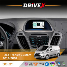 Штатна магнітола для Ford Transit Custom 2012-2018 DriveX S3 QLED 8" з фізичними кнопками Android 8-ядерний 1.6ГГц 4x64Гб SIM-картка 3G/4G 7388 45W ASP TM2313 бездротовий CarPlay та AndroidAuto