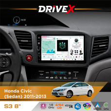 Штатна магнітола для Honda Civic (Sedan) 2011-2013 DriveX S3 QLED 8" з фізичними кнопками Android 8-ядерний 1.6ГГц 4x64Гб SIM-картка 3G/4G 7388 45W ASP TM2313 бездротовий CarPlay та AndroidAuto