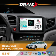 Штатна магнітола для Honda Civic (Sedan) 2011-2013 DriveX S3 QLED 9" Android 8-ядерний 1.6ГГц 4x64Гб SIM-картка 3G/4G 7388 4x45W ASP TM2313 бездротовий CarPlay та AndroidAuto