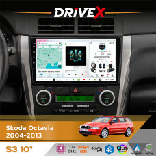 Штатна магнітола для Skoda Octavia 2004-2013 DriveX S3 QLED 10" Android 8-ядерний 1.6ГГц 4x64Гб SIM-картка 3G/4G 7388 4x45W ASP TM2313 бездротовий CarPlay та AndroidAuto