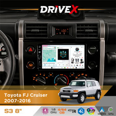 Штатна магнітола для Toyota FJ Cruiser 2007-2016 DriveX S3 QLED 8" з фізичними кнопками Android 8-ядерний 1.6ГГц 4x64Гб SIM-картка 3G/4G 7388 45W ASP TM2313 бездротовий CarPlay та AndroidAuto